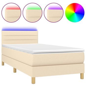 Cama Individual | Cama Box Spring | Cama Para Adultos Con Colchón Y Led Tela Crema 100x200 Cm