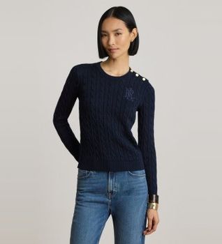 Lauren Ralph Lauren para mujer. 200P14039002 Jersey en punto de ochos con botones marino (XS), Casual, Algodón, Manga larga