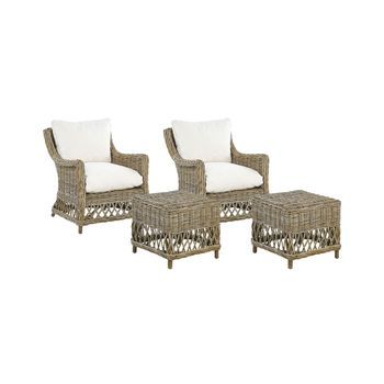 Conjunto De 2 Sillas De Jardín De Ratán Natural Blanco Crema Algodón Reposapiés Cojines De Respaldo Interior Ribolla