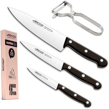 Arcos Juego Cuchillos Cocina Profesionales| Incluye Pelador De Patatas Arcos | Cuchillos Cocina Profesional Y Pelador Patatas | 4 Pzas | Arcos Set Cuchillos | Mango Negro
