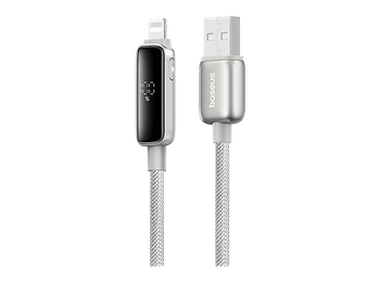 Cable USB - Baseus Vipow, a Lightning, 200 cm, 2.4A, Con pantalla de nivel batería, Ultrarresistente, Carga rápida, Galaxy Natural Titanium