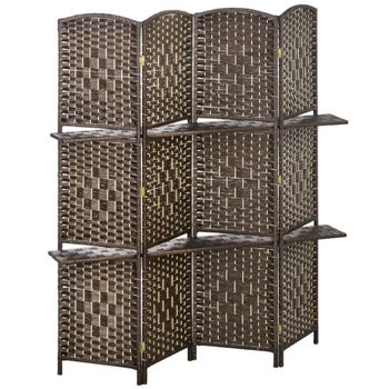 HOMCOM Biombo Separador de Ambientes 4 Paneles 160x170 cm con 2 Estantes de Exhibición Pantalla de Privacidad Plegable Marrón