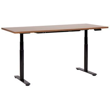 Escritorio De Altura Regulable Eléctrico Diseño Moderno Patas Redondas 180 X 80 Cm Tablero Madera Oscura Soporte De Acero Negro Destinas