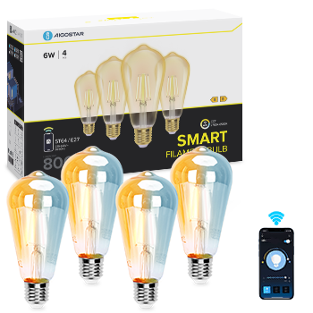 Aigostar Bombilla Inteligente E27 Edison Bombilla Alexa 6W 806LM Bombilla Vintage WIFI ST64 Bombilla Filamento Regulable 2700K-6500K, compatible con Alexa/Google Home. ámbar 4 pack