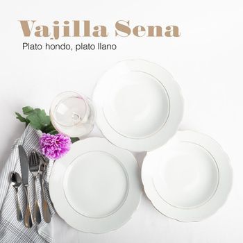 Juego De Platos De Porcelana Blanca Con Filo De Oro (18 Piezas) Sena, 6 Platos Hondo, 12 Platos Llanos (27 Cm)