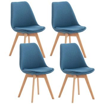 4x Sillas De Comedor Cocina Salon Estilo Escandinavo Tela Azul Pie Madera Clara M10_001684