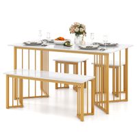costway juego muebles comedor 4 piezas mesa rectangular con banco y 2 taburetes patas de metal grano de marmol para espacios pequenos blanco