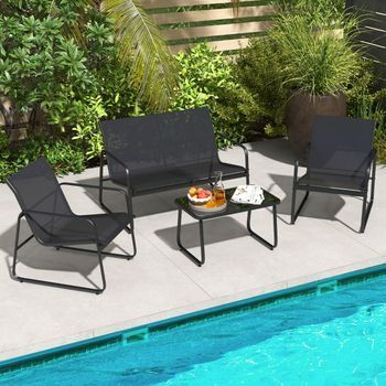 Juego De Muebles De 4 Piezas Para Patio Porche Con Mesa De Centro De Vidrio Templado Tela Transpirable Marco De Metal Inoxidable Negro