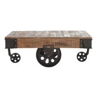 mesa de centro industrial de mango macizo con ruedas de 130 cm