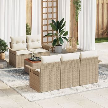 Juego De Sofá De Jardín De 6 Piezas Con Cojines Beige De Ratán Poliéster Acacia V3818 Unico / Beige