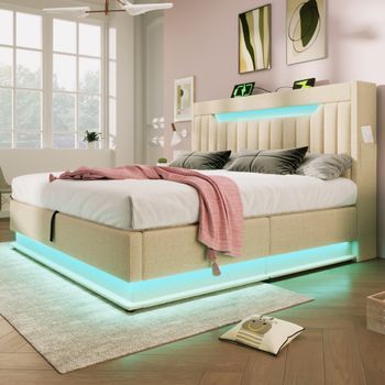 Cama Tapizada De Lino Beige 140x200 Cm Con Canapé Hidráulico Y Led