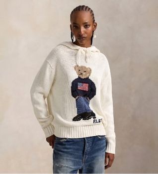 Polo Ralph Lauren para mujer. 211A96253001 Jersey con capucha y Polo Bear blanco roto (S), Casual, Algodón