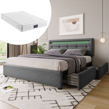 Cama Doble Acolchada 140 X 200 Cm Con Cabecero Ajustable Y 4 Cajones - Led - Lino Gris + Colchón