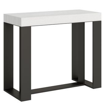 Consola Extensible De Fresno Blanco Con Patas De Metal Antracita, 14 Plazas, De 40 A 300 Cm Fonja