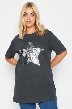 Yours Camiseta Algodón Gris Con Estrella De Lentejuelas, Mujer Curvy Y Tallas Grandes, Yours