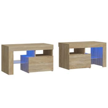 Pack 2 Uds Mesitas De Noche | Mesa Auxiliar | Mesilla Con Luces Led Roble Sonoma 70x36,5x40cm