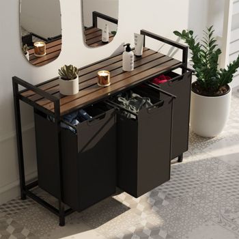 Cesto de ropa industrial con 3 cestos, 34 x 93,5 x 75 cm negro/marrón
