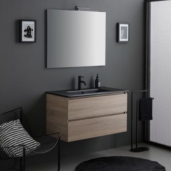Mueble De Baño Suspendido De 90cm Roble Con Lavabo Negro Y Espejo Con Aplique Led | Berlin