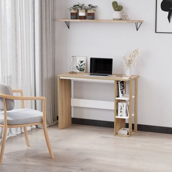 Escritorio Moderno 100 × 44 × 74 Cm Con 3 Estantes Laterales, Blanco Y Efecto Roble