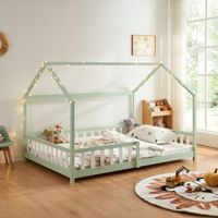 cama infantil hesel en forma de casa pino con reja 140x200cm - verde menta encasa