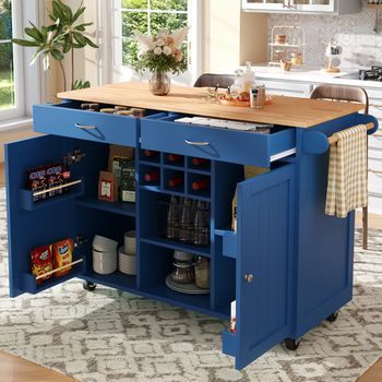 Isla De Cocina, 102 Cm, Moderna, Acabado Imitación Madera, Con Espacio De Almacenamiento, Azul.