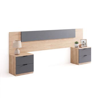 Cabecero Para Cama De 135-150 Cm Y 2 Mesitas Con Cajones Akari Roble Canadian - Gris Grafito 247 X 50,5 X 3 Cm
