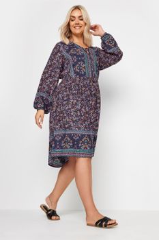 Yours Vestido Corto Azul Boho De Flores, Mujer Curvy Y Tallas Grandes, Yours