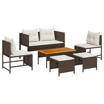 Juego De Sofá Exterior Marrón Y Crema Ratán, Madera, Tela Mediano Cfw746995