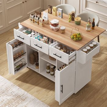 Isla De Cocina Con Tablero Abatible, 139 Cm, Ruedas Y Acabado De Madera