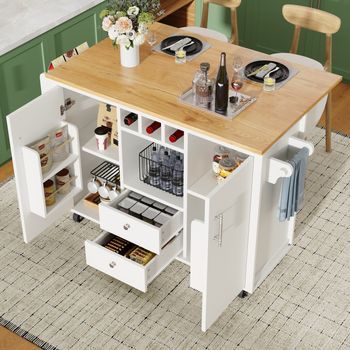 Isla De Cocina De 120x73(45)x92cm, Tablero Plegable, Toalla, Especias, Estante, Vino, Blanco