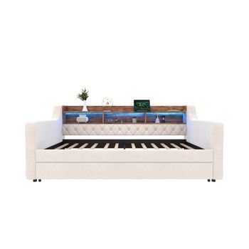 Sofá Cama 90x190 Cm - Con Almacenamiento, Led, Usb-c, 12 Listones, Estructura Metal-madera - Beige