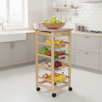 Carrito Auxiliar Con Ruedas 4 Estantes Con Cajón, Verdulero De Cocina En Madera Natural, Verdulero Con Cajones