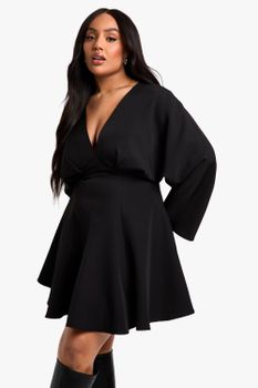 Vestido Plus Skater De Manga Larga Con Falda Plisada, Negro
