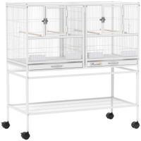 pawhut jaula para pajaros grande con divisor ruedas 4 comederos 4 perchas estante 2 bandejas extraibles 95x455x102 cm blanco