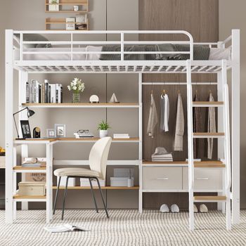 Cama Loft Con Escritorio Y Almacenamiento, 2 Cofres De Tela, Escalera Inclinada De 4 Peldaños, Metal Y Mdf, Blanca Y Natural, 90x200 Cm