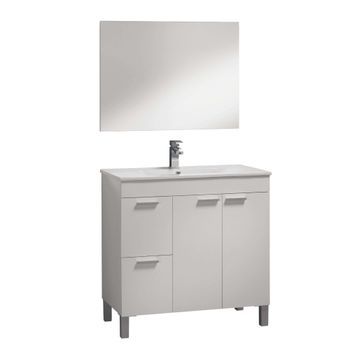 Mueble Lavabo De Baño O Aseo Con Lavamanos De Pmma Y Un Fantástico Espejo A Juego, Dos Puertas Y Dos Cajones Color Blanco Brillo 80x80x45cm