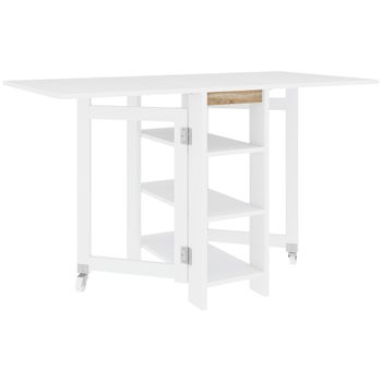 HOMCOM Mesa de Cocina Plegable con Alas Abatibles 2 Ruedas y Estantes Estilo Moderno 120x60x75 cm Blanco   Aosom España