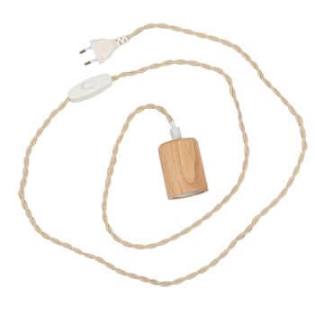 Cable para lámpara de poliéster reciclado beige, soporte de madera de hevea L.201 cm