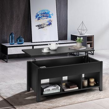Mesa Baja Con Tapa Elevable Mesa De Centro Altura Regulable Compartimiento Escondido Mesa De Café Para Salón Negro 104,5x49,5x48,5 Cm Cfw14460