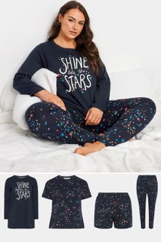 Yours Conjunto 4 Prendas Pijama Azul Marino Algodón Con Estrellas