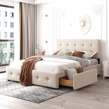 Cama Doble Tapizada Con Cabecero, Cajones De Almacenamiento, Somier De Lamas, Terciopelo Beige 140x200 Cm Para Adultos Y Adolescentes