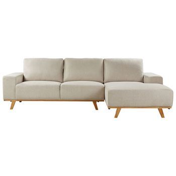 Sofá Esquinero Moderno Tapizado De Poliéster Patas De Madera Clara Respaldo Acolchado Izquierdo Beige Nora