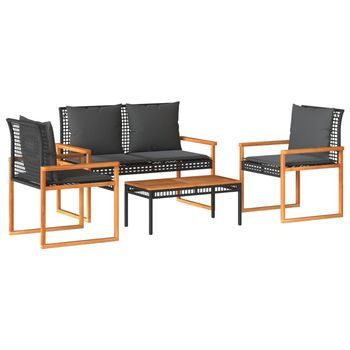 Juego De Jardín Con Cojines 4 Uds | Conjunto Mueble Jardin Mesa Y Sillas Ratán Sintético Negro
