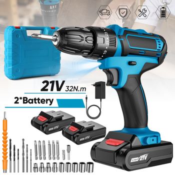 Taladro percutor inalámbrico de 32N.M, juego de taladro eléctrico recargable, destornillador eléctrico de 1350 RPM, herramienta eléctrica para bricolaje en el hogar con 2 baterías