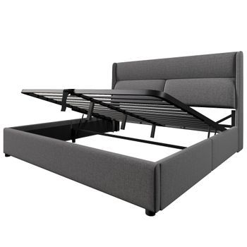Cama De Lino Gris 160 X 200 Cm Con Arcón Hidráulico Y Reposacabezas Regulables, Sin Colchón