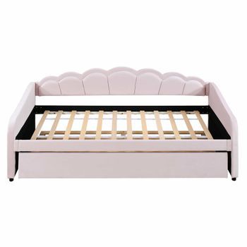 Diván Cama Con Led 90x200cm + Cama Nido 90x190cm - Tapizado En Tela Terciopelo - Rosa (colchón No Incluido)