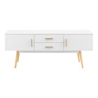 mesa de tele - 140 x 40 x 56 cm - soporte de television - comoda - mueble de salon para tv - con 2 puertas y cajones - almacenamiento - patas de madera - blanco encasa