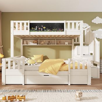 Litera Para 3 Personas – 90+140x200, Escalera Con Almacenamiento, Pizarra Negra, Blanco