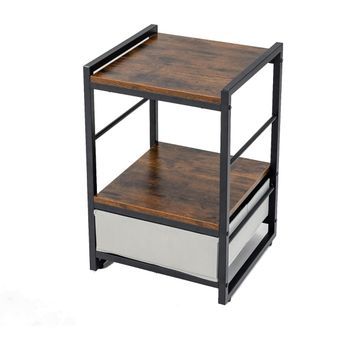 Costway Mesita Auxiliar Industrial Mesa de Noche con Estante Abierto y Cajón de Tela Mesa Final Cuadrada de 40 cm para Salón Dormitorio Marrón