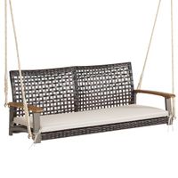 costway columpio de mimbre de 2 asientos para porche con cojin de asiento reposabrazos de madera de acacia 2 cuerdas 131 x 68 x 54 cm blanco